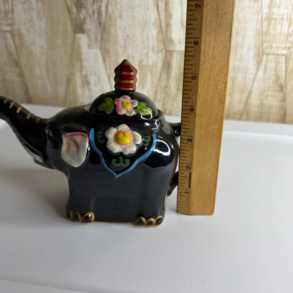 Vintage Black Elephant Teapot Ceramic Floral Design with Lid‎ Unique Collectible